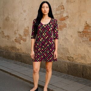 DVF Geometric Print Scoop Neck Mini Silk Jersey Dress Tunic Size 4 Pink Gray